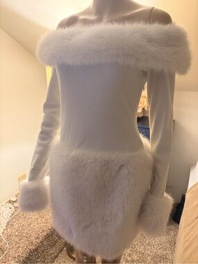Off-Shoulder Faux Fur Trim Mini Dress